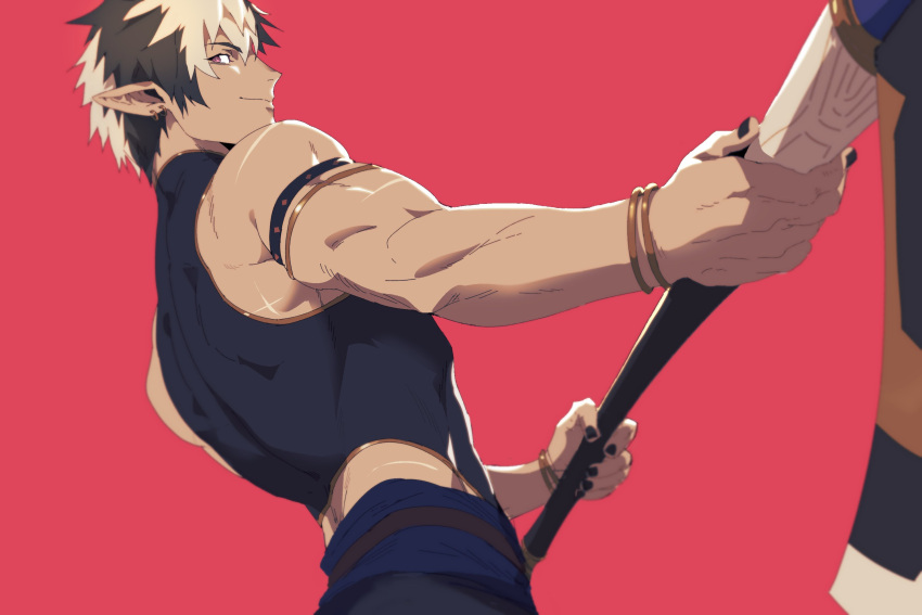 1boy, armlet, axe, black_hair, black_nails, black_pants, black_shirt, bracelet, closed_mouth, crimzon_ruze, earrings, from_side, grey_hair, highres, holding, holding_axe, holostars, holostars_english, jewelry, male_focus, multicolored_hair, multiple_scars, pants, pointy_ears, red_background, scar, screetuber, shirt, short_hair, sleeveless, sleeveless_shirt, smile, solo, two-tone_hair, violet_eyes, virtual_youtuber
