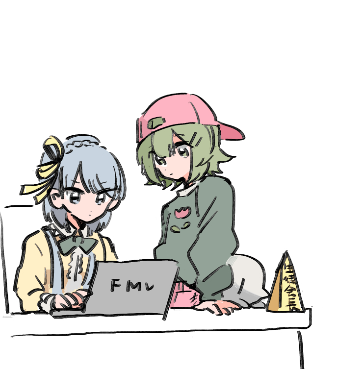 2channel, 2girls, amano_yae, arm_support, at_computer, backwards_hat, baseball_cap, blue_eyes