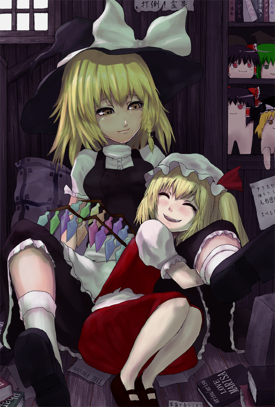 braid, fang, flandre_scarlet, hakurei_reimu, kirisame_marisa, kochiya_sanae, long_hair, short_hair