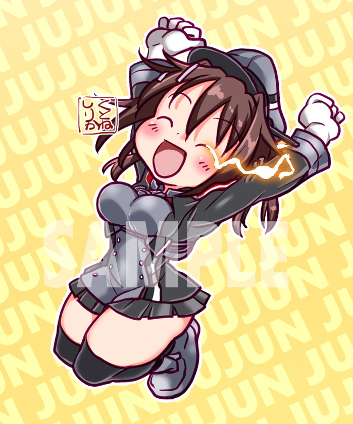 1girl, anchor_ornament, artist_logo, black_skirt, black_thighhighs, brown_hair, closed_eyes, commentary_request
