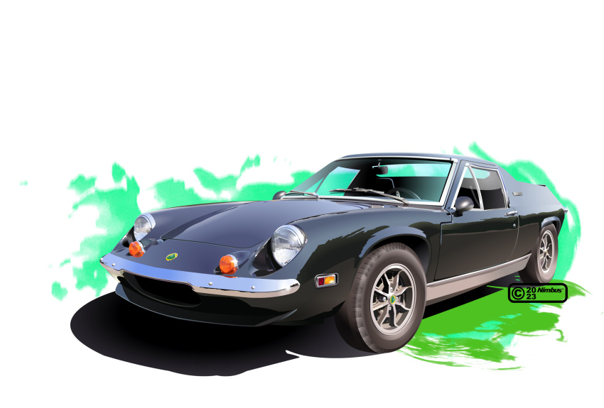 artist_name, black_car, car, copyright_notice, highres, lotus_(brand), lotus_europa, motor_vehicle