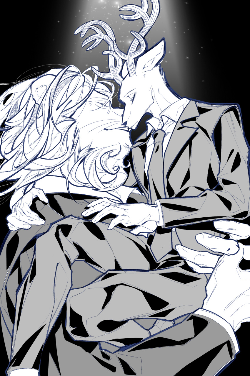 2boys, absurdres, animal_ears, antlers, beastars, black_background, carrying, carrying_person