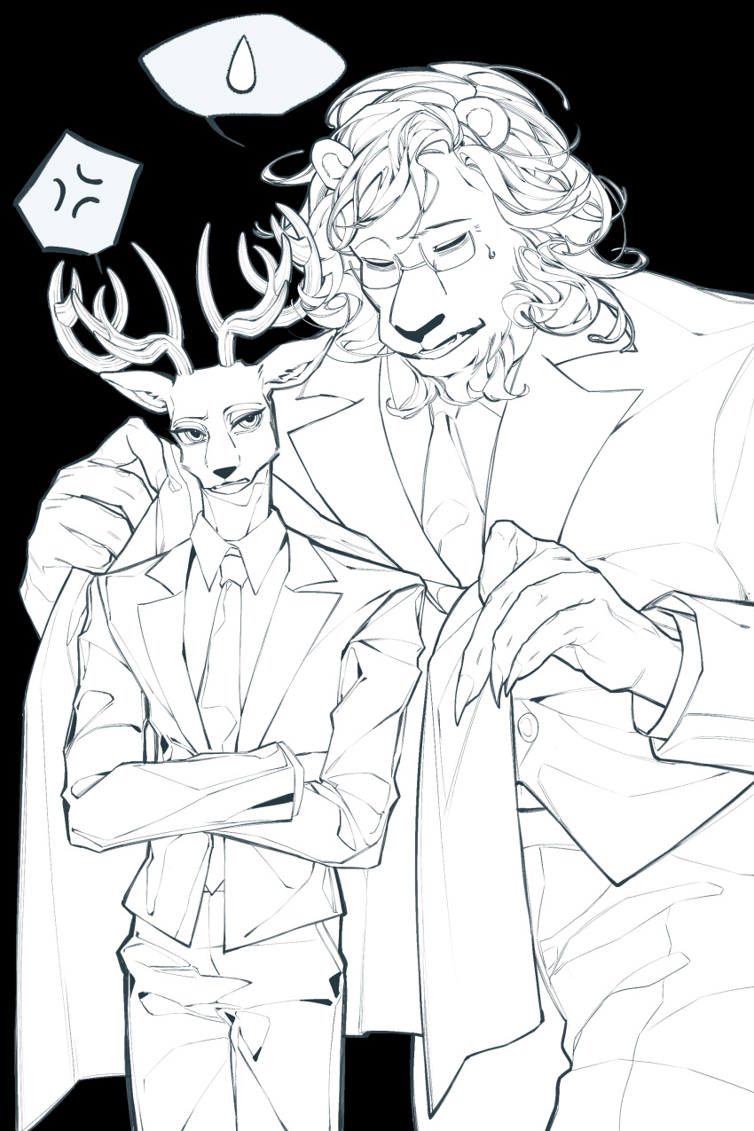 2boys, absurdres, anger_vein, animal_ears, antlers, beastars, black_background, blanket