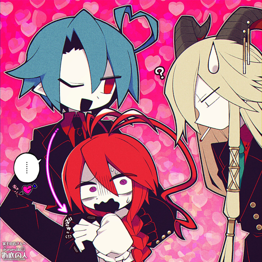..., 1girl, 2boys, ?, antenna_hair, arrow_(projectile), arrow_in_head, artist_name