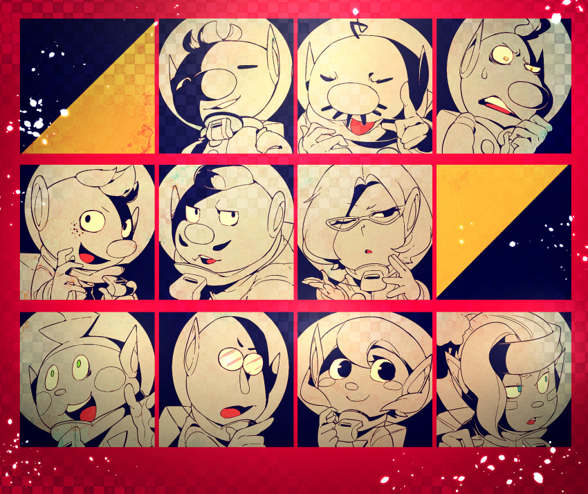 3girls, 6+boys, alph_(pikmin), asymmetrical_bangs, backpack, bag, bags_under_eyes, bald