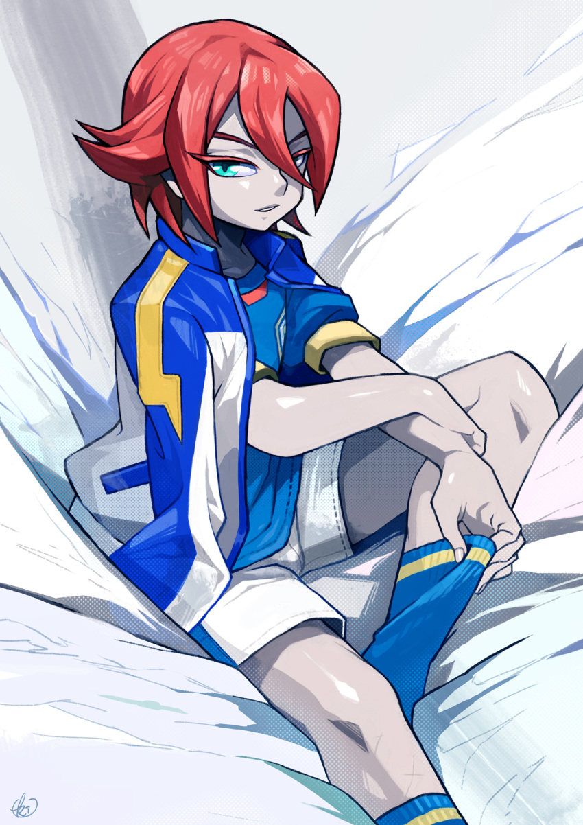 cushion, green_eyes, highres, inazuma_eleven, jacket, kimimaru, kiyama_hiroto, male