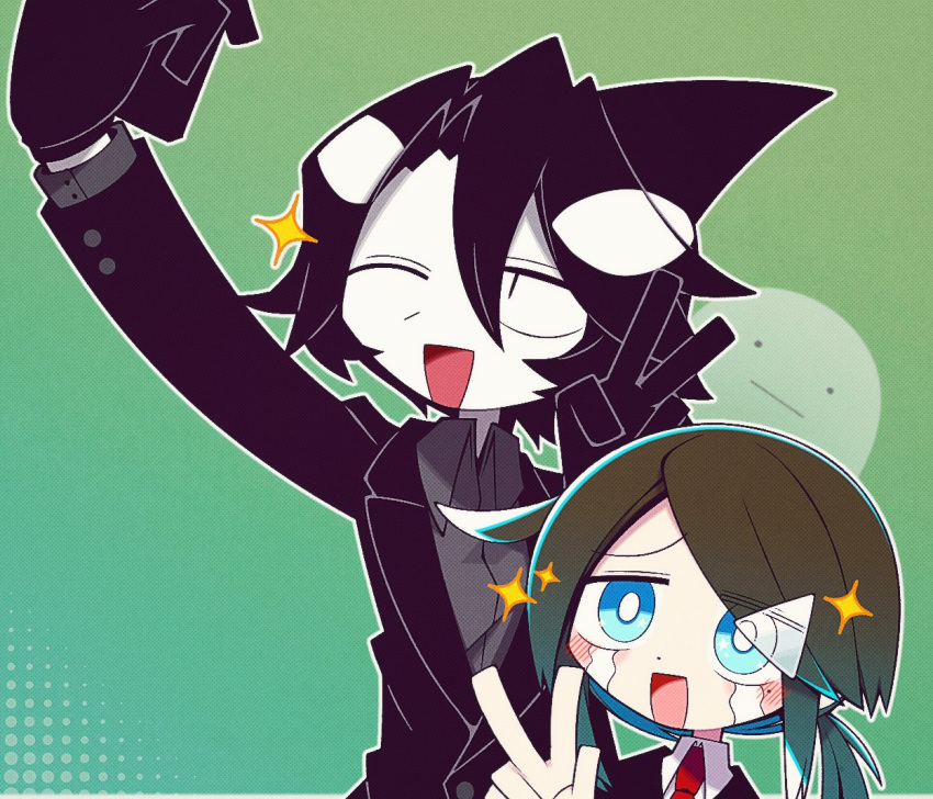 1boy, 1girl, ambiguous_gender, androgynous, black_eyes, black_gloves, black_hair, black_suit