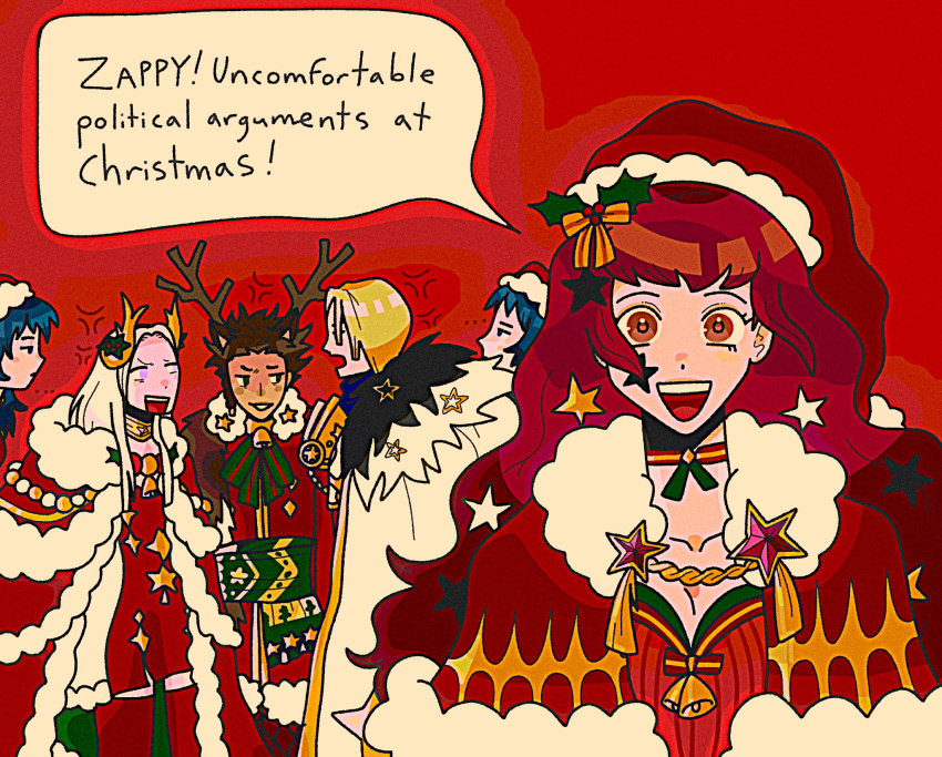 3boys, 3girls, blonde_hair, brown_hair, byleth_(fire_emblem), claude_von_riegan, claude_von_riegan_(yuletide_schemer), dimitri_alexandre_blaiddyd, dimitri_alexandre_blaiddyd_(blessed_protector), edelgard_von_hresvelg, edelgard_von_hresvelg_(snowfall_future), fake_antlers, fire_emblem, fire_emblem:_three_houses, fire_emblem_engage, fire_emblem_heroes, green_hair, hat, highres, looking_at_viewer, multiple_boys, multiple_girls, redhead, santa_hat, speech_bubble, valentinemesis, white_hair, yunaka_(fire_emblem), yunaka_(fire_emblem)_(spirited_envoy)