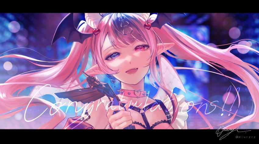 1girl, absurdres, arm_tattoo, artist_name, black_wings, chest_harness, choker, demon_girl