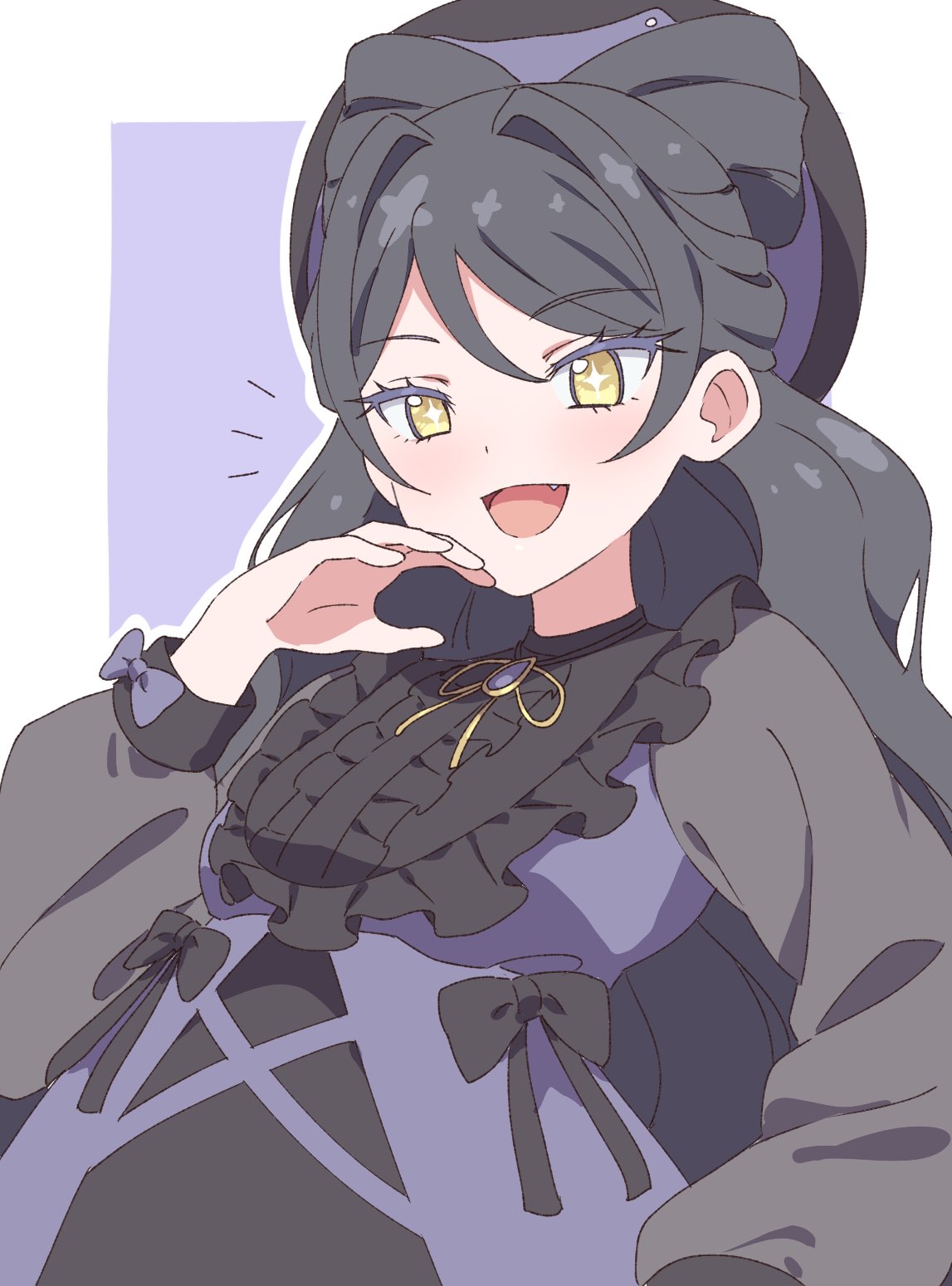 +_+, 1girl, :d, black_dress, black_hair, black_headwear, black_ribbon, bow