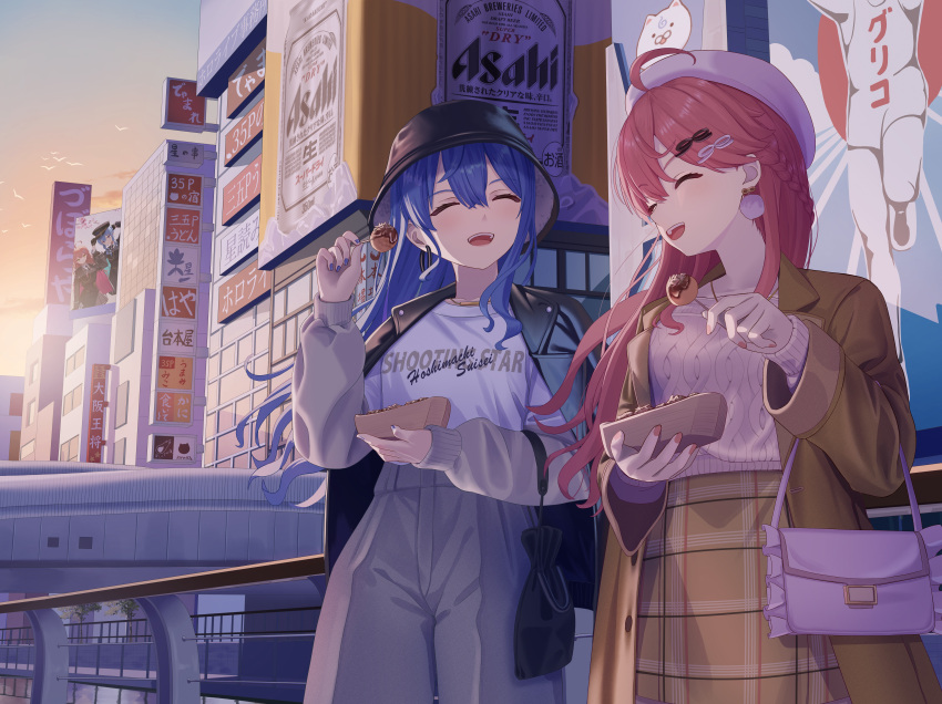 2girls, absurdres, ahoge, asahi_breweries, asakura_(asa_t77), bag, bird, black_headwear