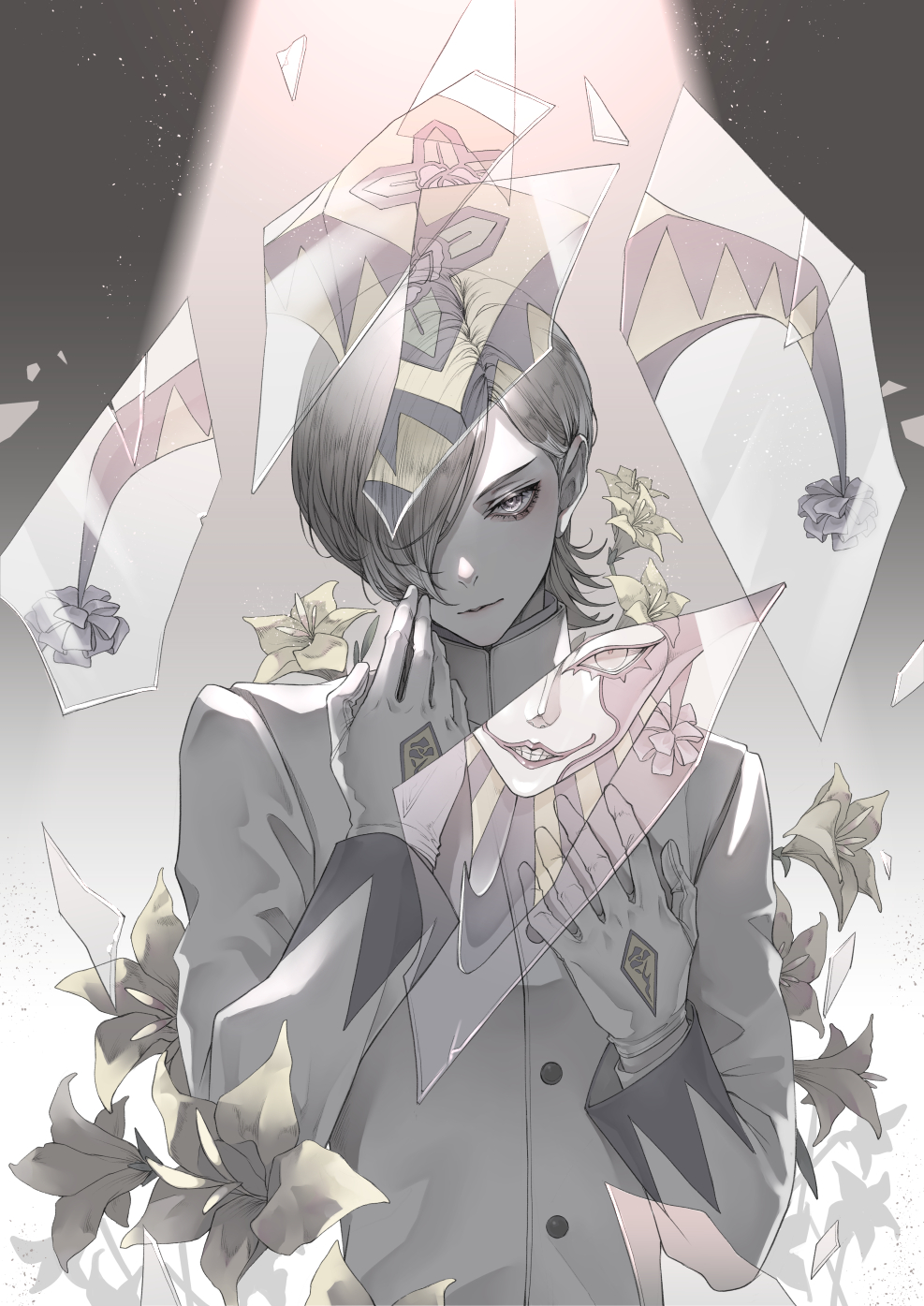 1boy, black_hair, broken_glass, dual_persona, flower, gakuran, glass, gloves, hair_over_one_eye, hat, highres, jacket, jester_cap, joker_(persona_2), kurosu_jun, light_particles, lily_(flower), looking_at_viewer, male_focus, mask, persona, persona_2, ryokuyuu, school_uniform, short_hair, smile, solo, spoilers, white_gloves, white_jacket