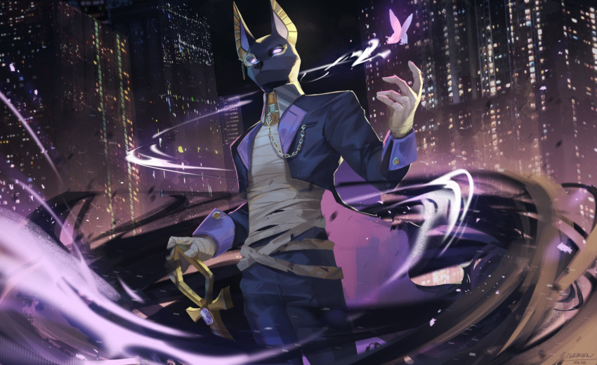 1boy, animal_ears, ankh, bandaged_hand, bandaged_torso, bandages, black_pants, black_suit