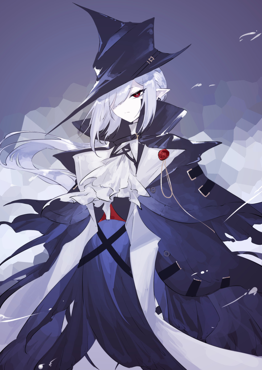 1girl, arknights, ascot, black_dress, black_headwear, black_jacket, bright_pupils, dress, gladiia_(arknights), grey_hair, hair_over_one_eye, hat, highres, jacket, long_hair, looking_at_viewer, nazo_no_hana, one_eye_covered, pointy_ears, red_eyes, sidelocks, solo, white_ascot, white_pupils