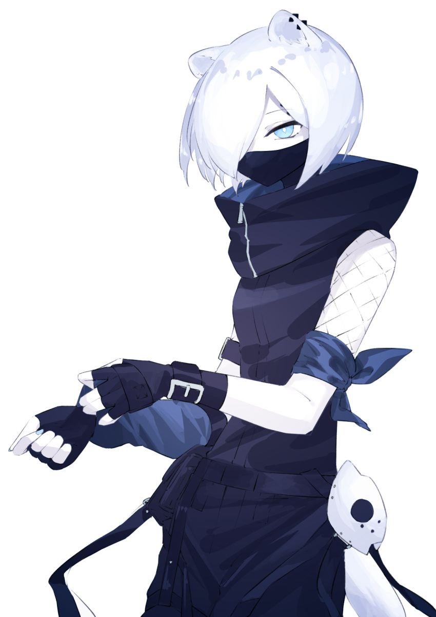 1girl, adjusting_clothes, adjusting_gloves, animal_ear_piercing, animal_ears, arknights, black_gloves, black_mask, black_pants, black_shirt, blue_eyes, bright_pupils, cowboy_shot, eyebrow_piercing, fingerless_gloves, fishnet_sleeves, gloves, hair_over_one_eye, highres, looking_at_viewer, mask, mouth_mask, nazo_no_hana, one_eye_covered, pants, piercing, shirayuki_(arknights), shirt, short_hair, short_sleeves, simple_background, solo, unworn_mask, weasel_ears, white_background, white_pupils