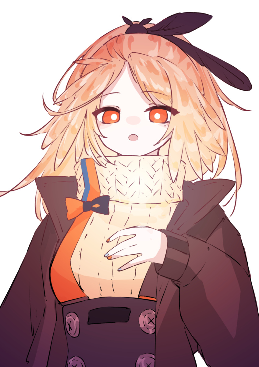 1girl, :o, arknights, black_jacket, black_skirt, bright_pupils, buttons, feather_hair
