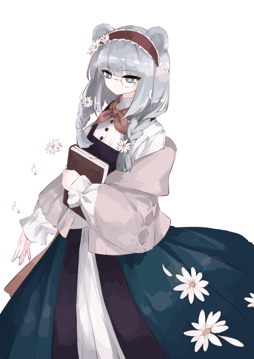 1girl, arknights, black_dress, blue_eyes, blue_hair, book, braid, bright_pupils