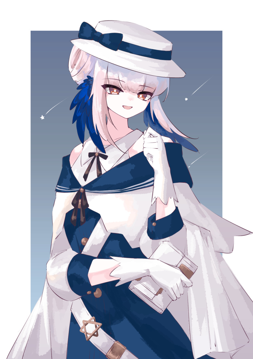 1girl, arknights, blue_bow, border, bow, bright_pupils, ceylon_(arknights), cowboy_shot