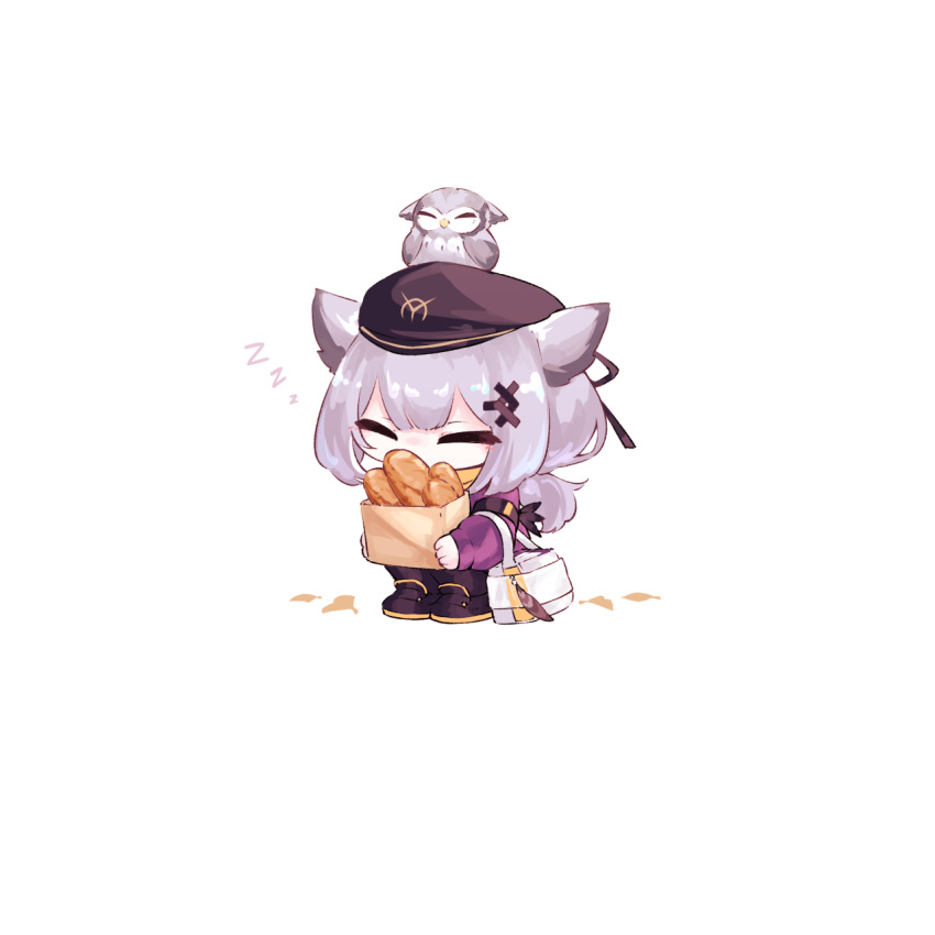 1girl, animal_on_head, arknights, bag, baguette, bird, bird_on_head, black_footwear, black_headwear, bread, chibi, food, hat, highres, holding, holding_bag, jacket, long_hair, long_sleeves, low_twintails, nazo_no_hana, official_alternate_costume, on_head, owl, owl_ears, paper_bag, ptilopsis_(arknights), ptilopsis_(serenity)_(arknights), purple_jacket, short_twintails, simple_background, sleeping, solo, squatting, twintails, white_background, zzz