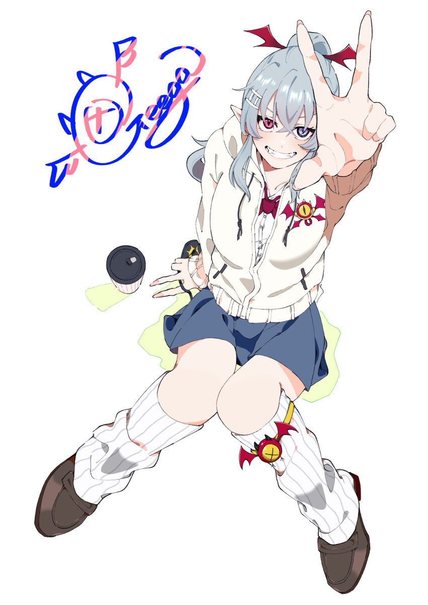 1girl, absurdres, alternate_costume, blue_eyes, blue_skirt, brown_footwear, character_signature, coffee_cup