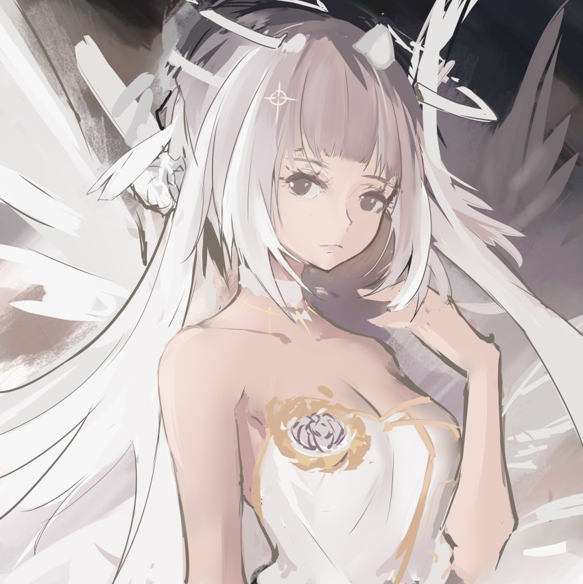1girl, absurdres, bare_arms, bare_shoulders, cdlo, dress, gold_trim, grey_eyes