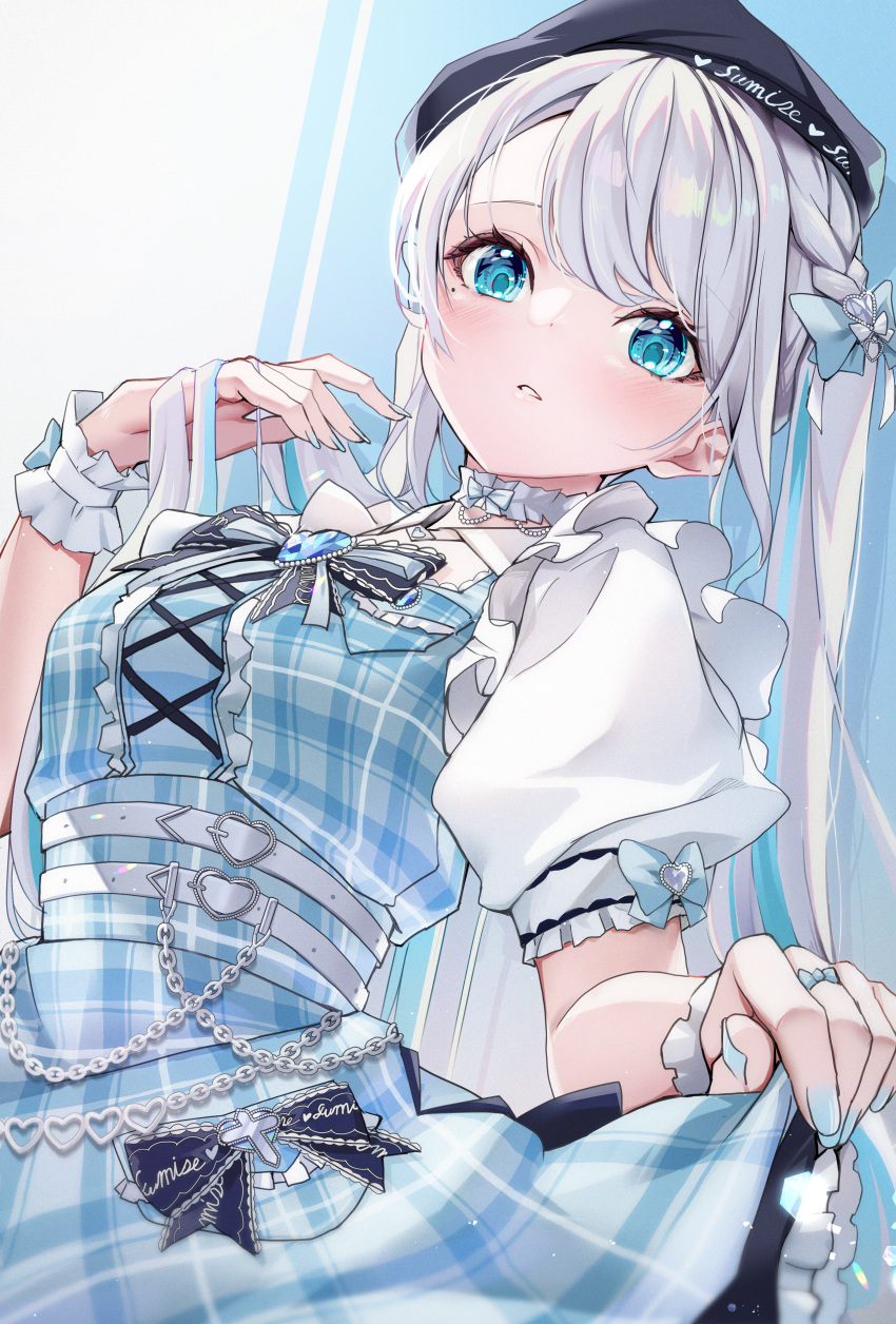 1girl, absurdres, beret, blue_eyes, blush, bow, bowtie, braid
