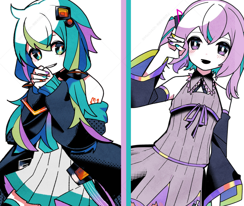 2girls, alternate_hairstyle, aqua_eyes, aqua_hair, artist_name, bare_shoulders, black_jacket, black_sleeves