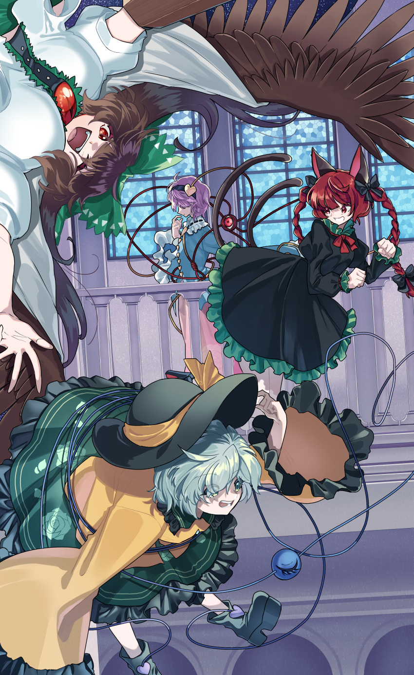 absurdres, animal_ears, arm_cannon, bird_wings, black_wings, bow, braid, buttons