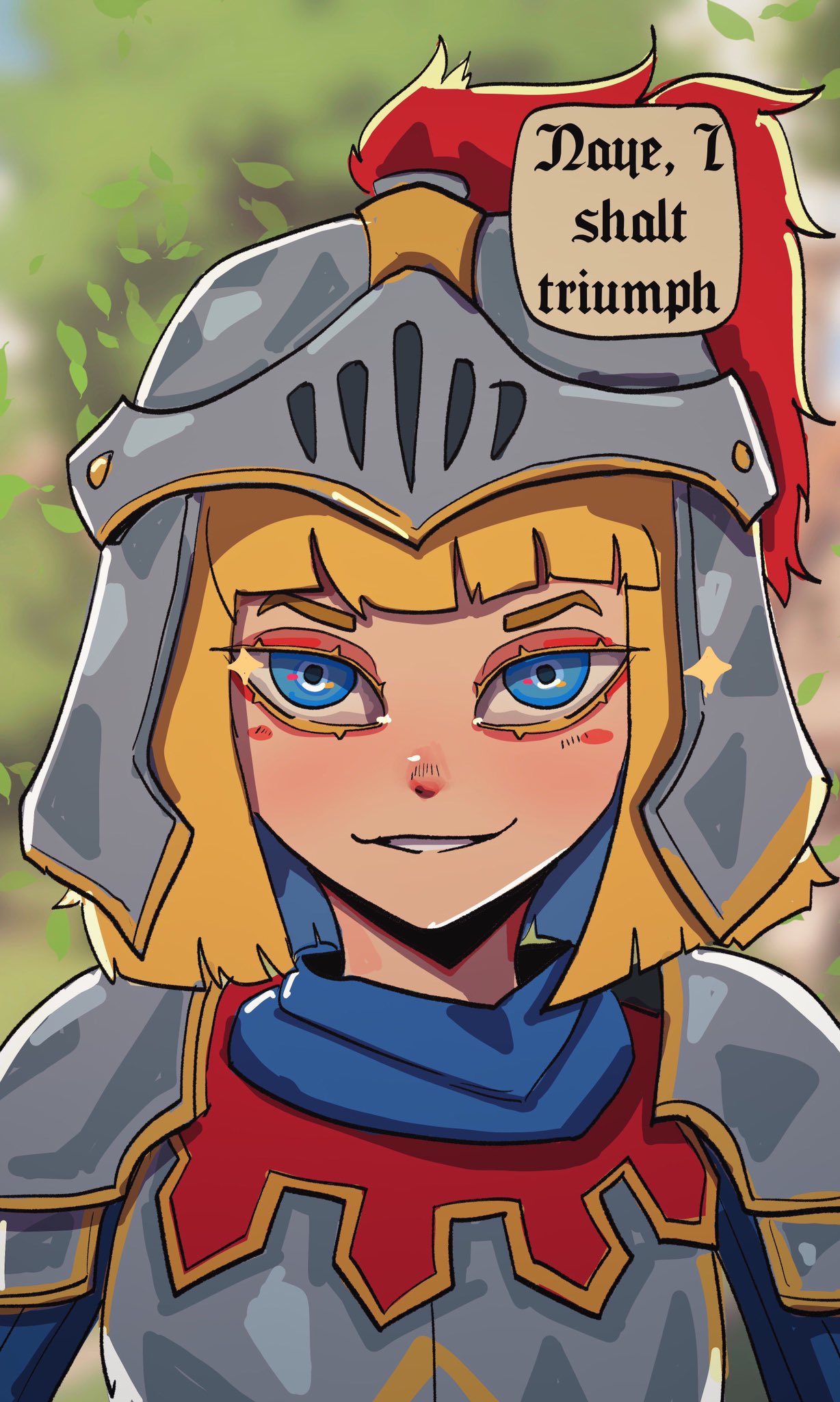 1girl, armor, basedbinkie, blonde_hair, blue_eyes, blunt_bangs, commentary, english_commentary