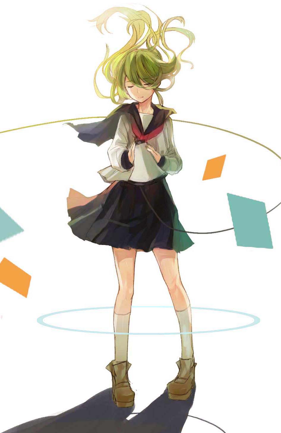 1girl, alternate_hair_length, alternate_hairstyle, blue_sailor_collar, blue_skirt, brown_footwear, closed_mouth, floating_hair