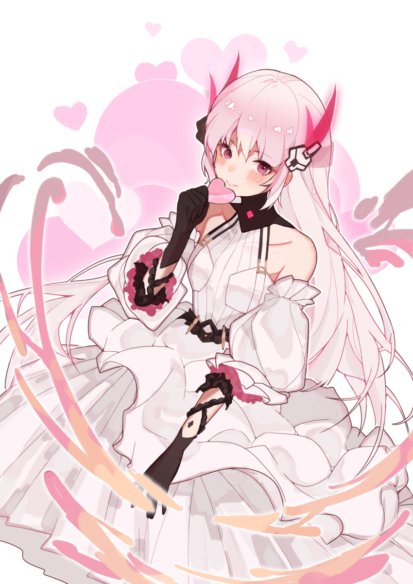 1girl, absurdres, bare_shoulders, black_gloves, blush, detached_sleeves, dress, frilled_sleeves