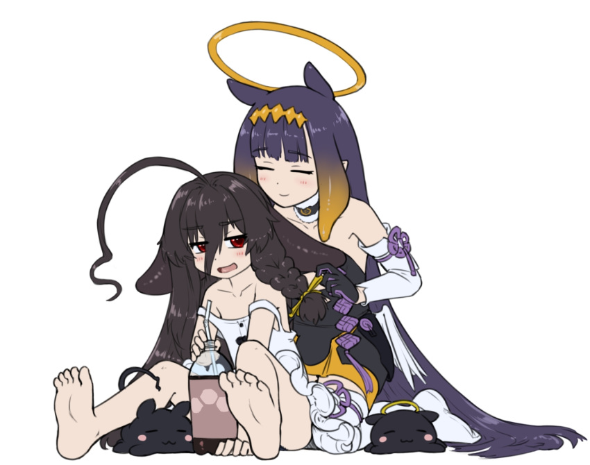 2girls, absurdly_long_hair, ahoge, alloyrabbit, azur_lane, bare_shoulders, barefoot, behind_another