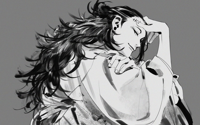 1boy, chenalii, earrings, getou_suguru, greyscale, hand_on_own_arm, hand_on_own_forehead, japanese_clothes