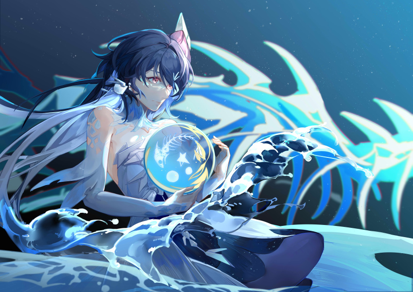 1girl, absurdres, aqua_hair, bare_shoulders, black_hair, colored_inner_hair, detached_collar, detached_sleeves