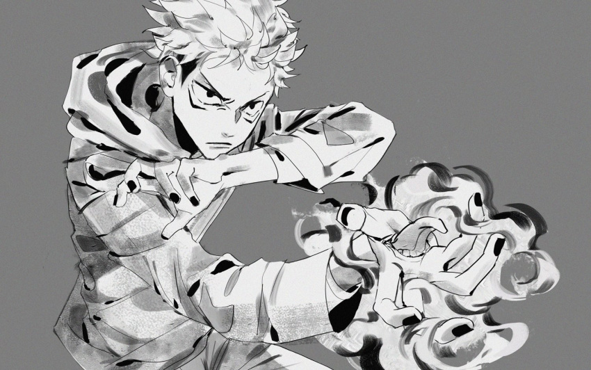 1boy, chenalii, closed_mouth, energy, extra_mouth, gakuran, greyscale, hand_mouth