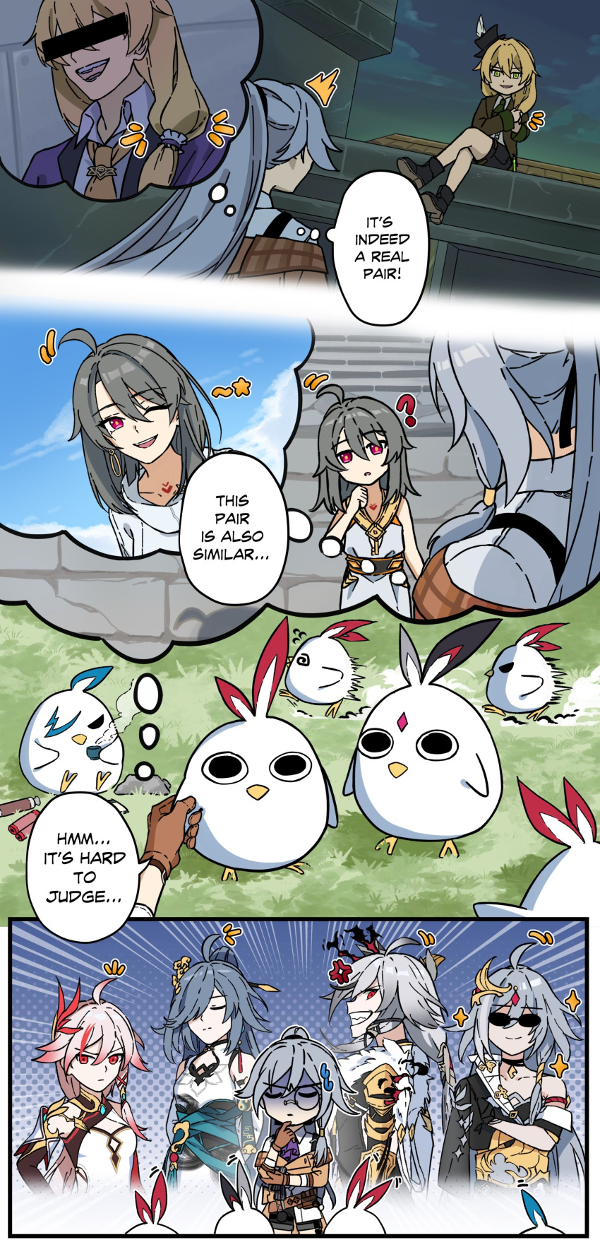 2boys, 4koma, 6+girls, ?, absurdres, ahoge, animal, bird