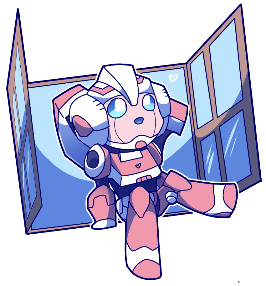 alphaiswaifu, arcee, backpack, bag, blue_eyes, chibi, highres, humanoid_robot, robot, robot_girl, science_fiction, sitting_in_window, transformers, transformers_animated, window