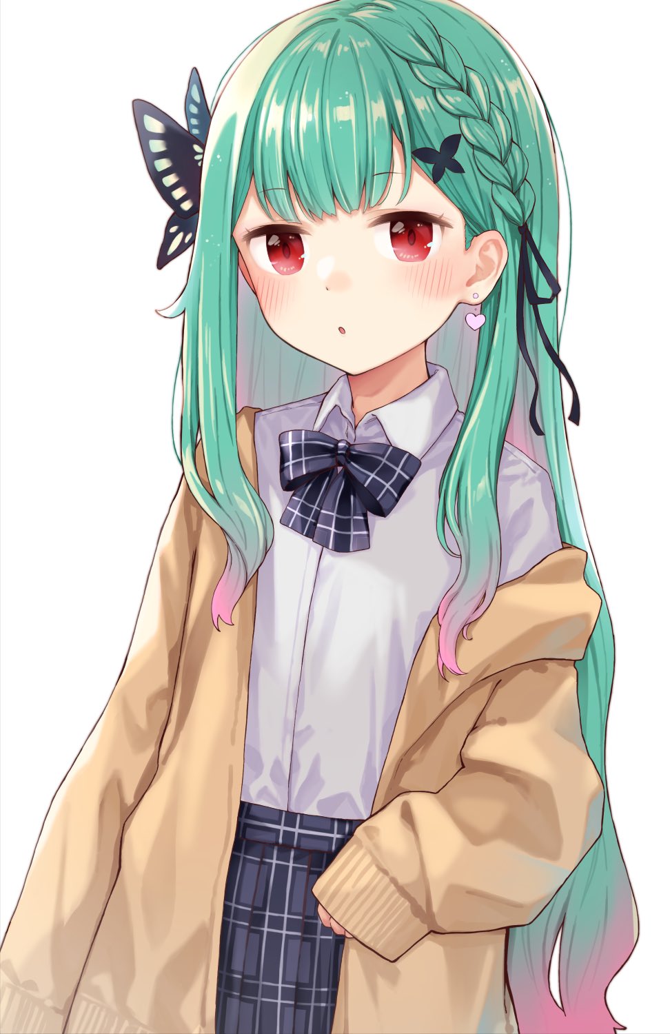 1girl, :o, aishima_marota, blush, bow, bowtie, brown_cardigan, cardigan