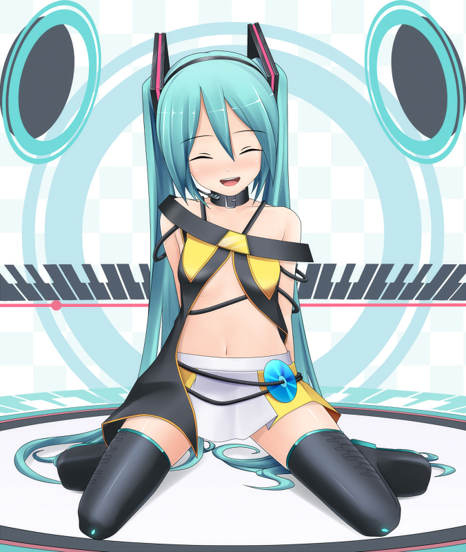 aqua_hair, closed_eyes, collar, cosplay, eto, hatsune_miku, headset, kneeling, lily_(vocaloid), lily_(vocaloid)_(cosplay), long_hair, navel, skirt, smile, solo, thigh-highs, thighhighs, twintails, very_long_hair, vocaloid, zettai_ryouiki
