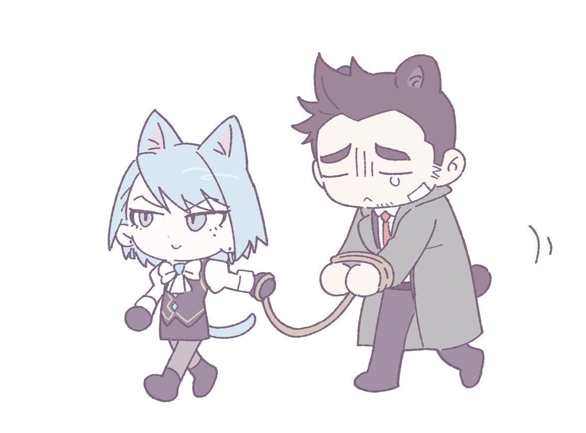 1boy, 1girl, ace_attorney, animal_ears, bear_boy, bear_tail, black_footwear, black_hair