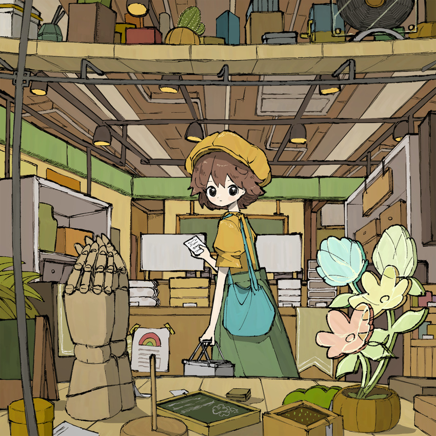 1girl, absurdres, aqua_bag, bag, basket, box, brown_hair, cactus