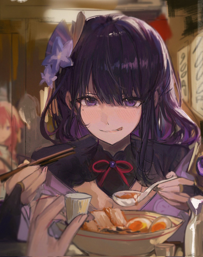 2girls, blunt_bangs, blurry, blurry_background, bottle, bowl, choko_(cup), chopsticks, cup, food, genshin_impact, hair_ornament, highres, holding, holding_chopsticks, holding_cup, holding_spoon, indoors, japanese_clothes, light_blush, looking_at_food, looking_down, mole, mole_under_eye, multiple_girls, noodles, pov, pov_hands, purple_hair, qqkkay, raiden_shogun, spoon, tongue, tongue_out, violet_eyes, yae_miko