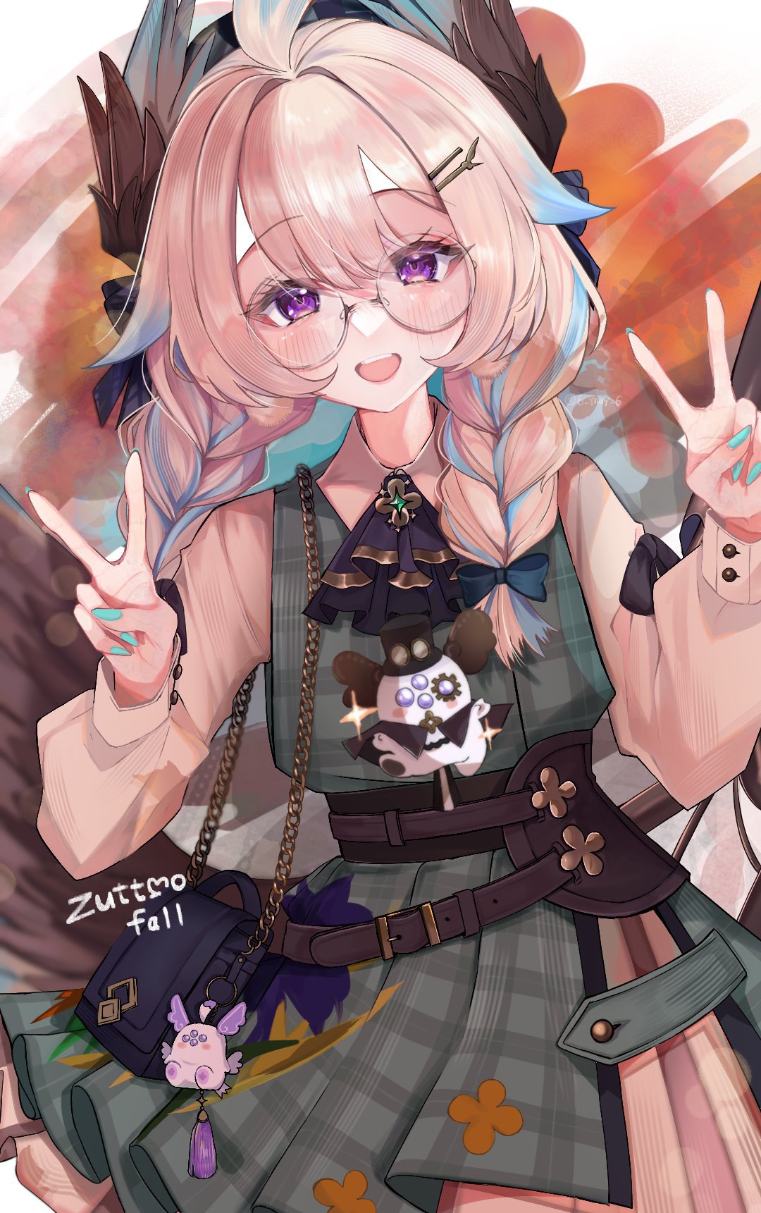 1girl, 6_may_6, ahoge, aloupeep_(enna_alouette), bag, belt, blonde_hair, blue_hair