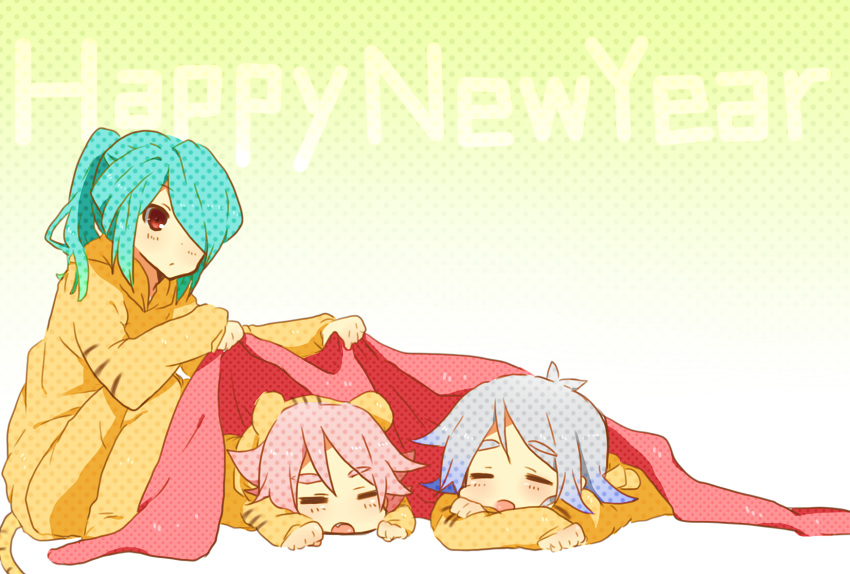 aina_(artist), atsuya_shirou, bisuko_(bisco_mm), blanket, closed_eyes, fubuki_atsuya, fubuki_shirou, hair_over_one_eye, highres, inazuma_eleven, kazemaru_ichirouta, original, pajamas, ponytail, sleeping