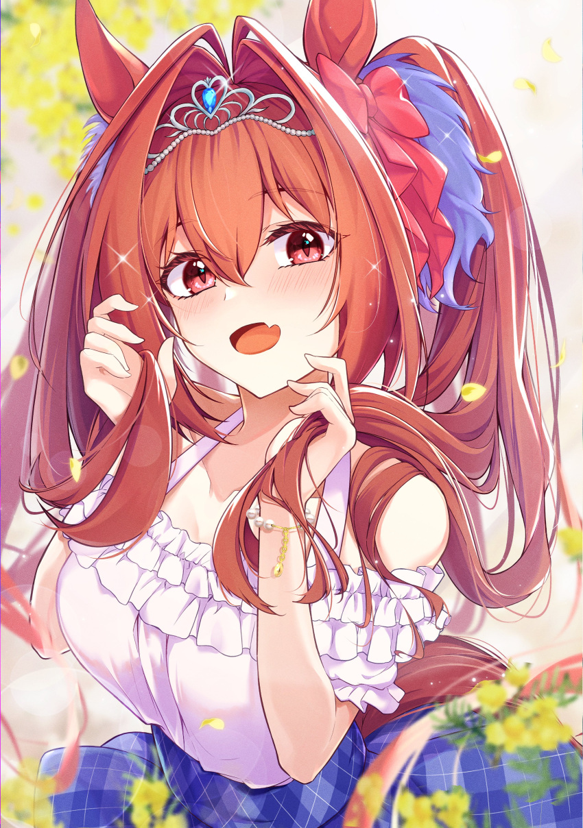 1girl, absurdres, animal_ears, bare_shoulders, blue_skirt, blurry, blurry_background, blush, bow, breasts, brown_hair, daiwa_scarlet_(umamusume), fang, glint, hair_bow, hair_intakes, highres, holding, holding_hair, horse_ears, horse_girl, horse_tail, large_breasts, long_hair, looking_at_viewer, off-shoulder_shirt, off_shoulder, open_mouth, red_eyes, shirt, shirt_tucked_in, skin_fang, skirt, smile, solo, sparkle, tail, tiara, tks-nb_(294-nb), twintails, umamusume, upper_body, white_shirt