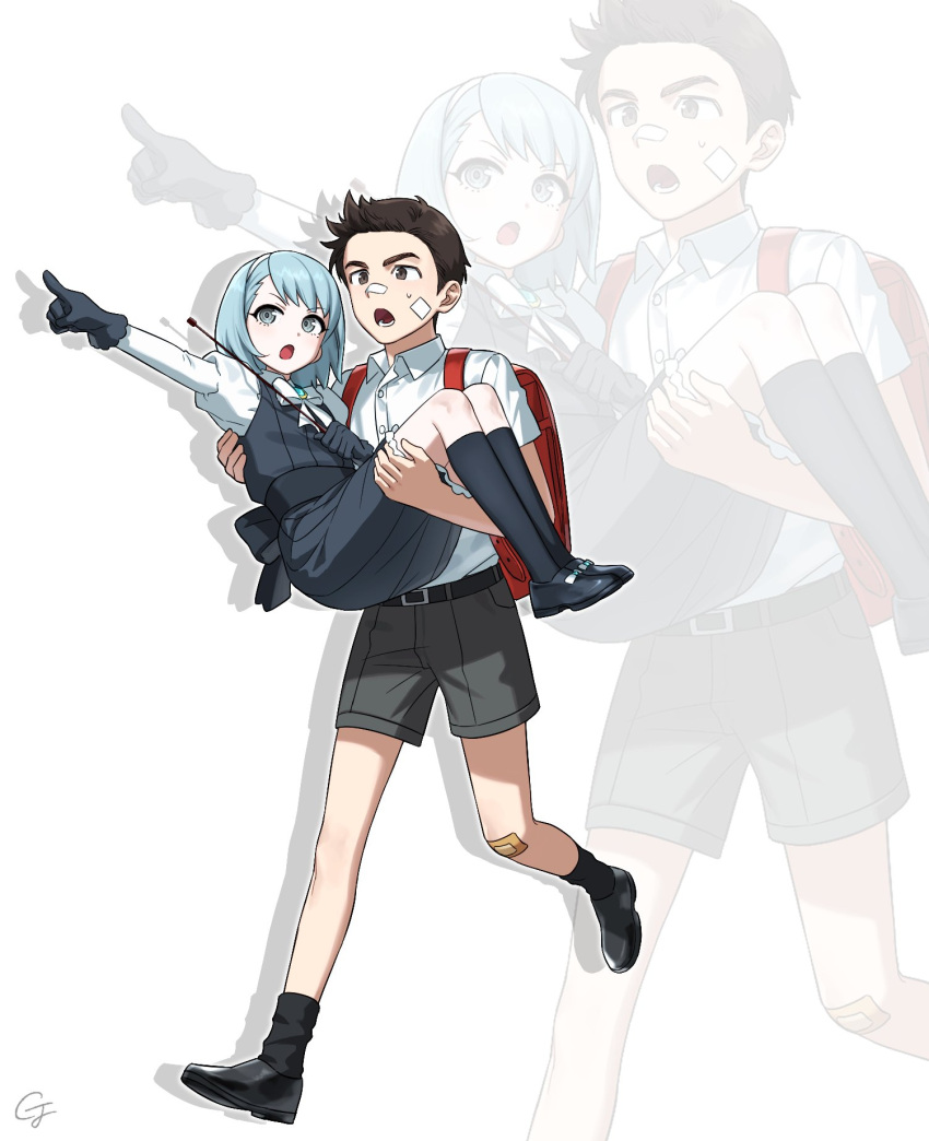 1boy, 1girl, ace_attorney, aged_down, backpack, bag, bandage_on_face, bandages