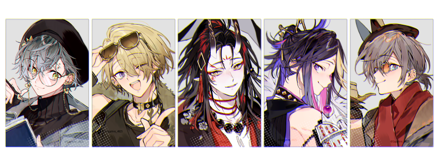 5boys, bead_necklace, beads, black_choker, black_gloves, black_hair, black_sweater, blue_eyes, book, brown_hair, choker, eyeliner, glasses, gloves, green_eyes, hair_ornament, hairpin, horns, ike_eveland, ike_eveland_(2nd_costume), jewelry, luca_kaneshiro, luca_kaneshiro_(2nd_costume), luxiem, makeup, male_focus, multicolored_hair, multiple_boys, mysta_rias, mysta_rias_(2nd_costume), necklace, nijisanji, nijisanji_en, one_eye_closed, oni_horns, orange-tinted_eyewear, pink_hair, ponytail, purple_hair, red_eyeliner, red_scarf, redhead, round_eyewear, sapphire_(nine), scarf, shu_yamino, shu_yamino_(2nd_costume), smile, smoking_pipe, streaked_hair, sunglasses, sweater, tinted_eyewear, turtleneck, turtleneck_sweater, violet_eyes, virtual_youtuber, vox_akuma, vox_akuma_(2nd_costume), yellow_eyes