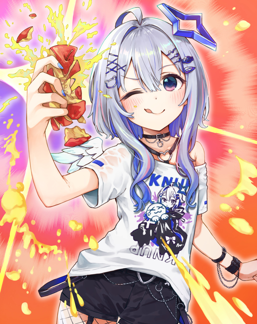 1girl, ;q, ahoge, aishima_marota, amane_kanata, amane_kanata_(6th_costume), apple, bear_hair_ornament