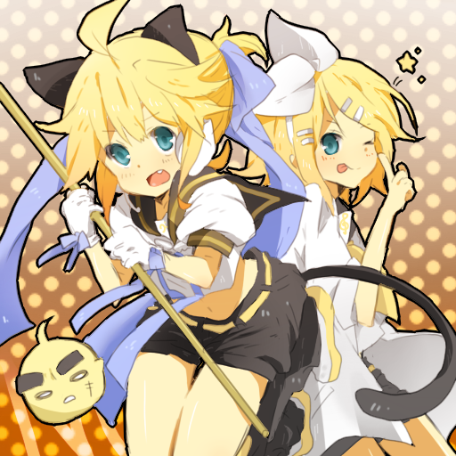 aina_(artist), bad_id, bisuko_(bisco_mm), blonde_hair, brother_and_sister, cat_ears, cat_tail, kagamine_len