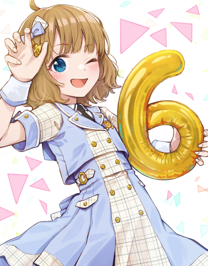 1girl, ;d, aishima_marota, balloon, black_necktie, blue_eyes, blue_skirt, blush